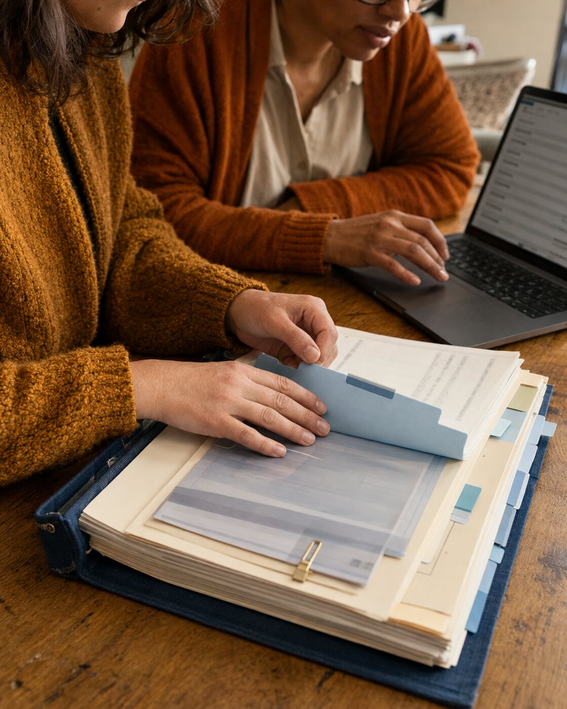 Hands sort tabbed documents in a binder beside an open laptop.