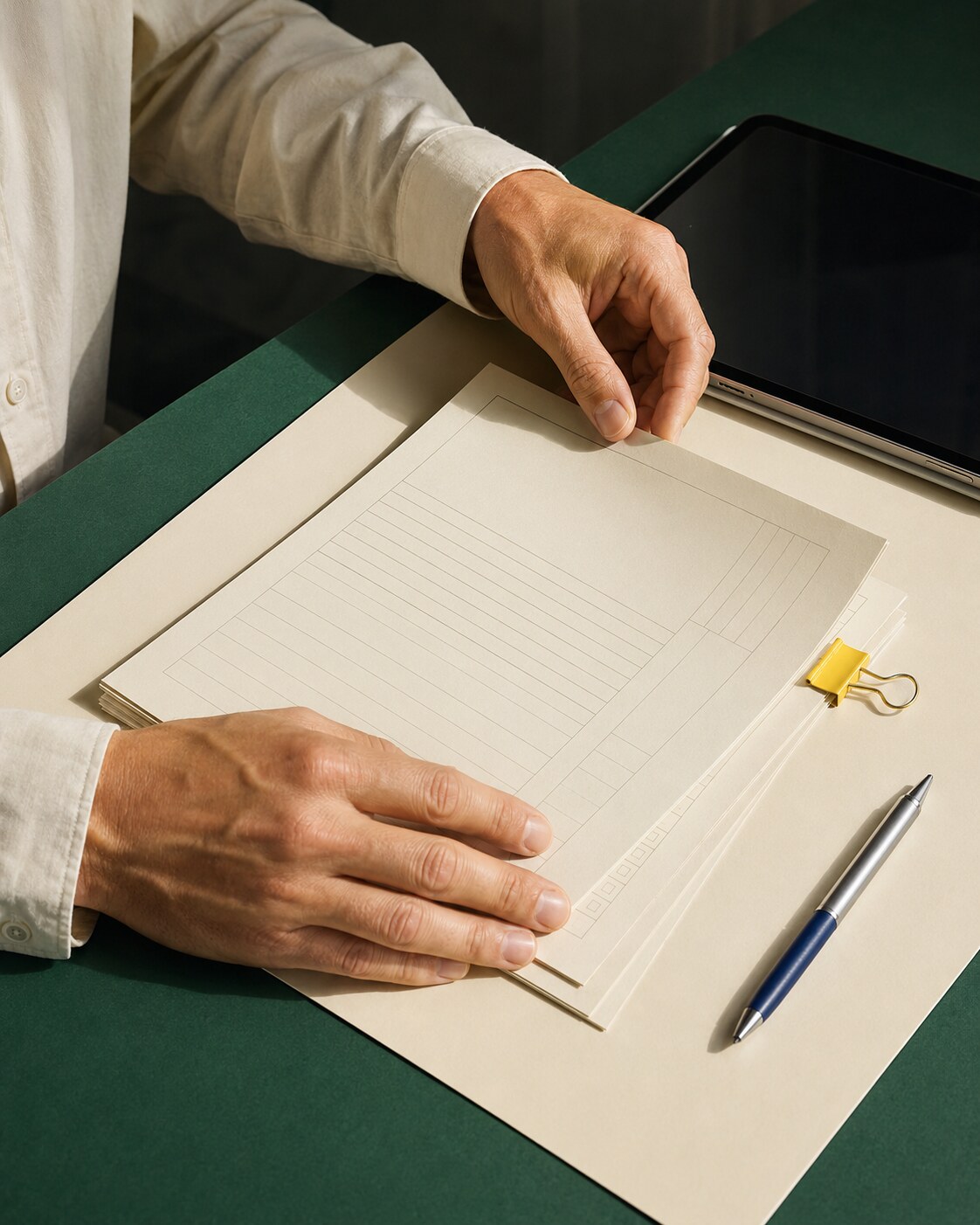 AI-generated editorial image of a person reviewing a blank form.