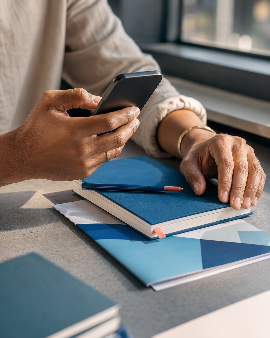 AI-generated editorial image of a person using a phone beside a notebook.