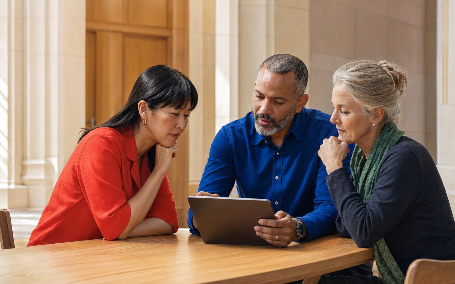 Three adults reviewing a tablet together.